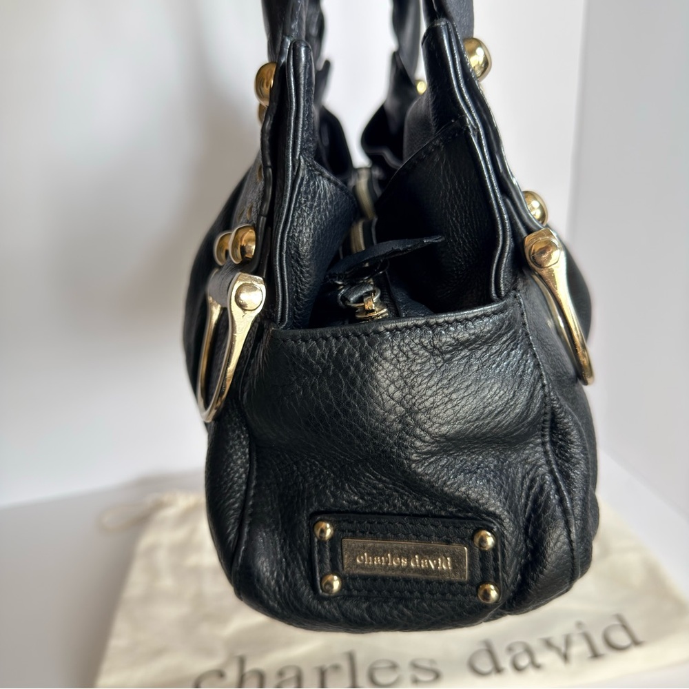 Charles David Black Shoulder Leather Bag with Gold Accents - Picture 3 of 11